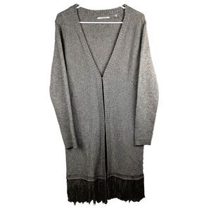 Tahari Womens Long Duster Sweater Open Cardigan Fringe Bottom Taupe Cotton Small
